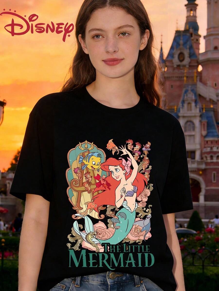 Disney Flounder Printed Loose Round Neck Short Sleeve T-Shirt For Women - màu đen - Xem 1