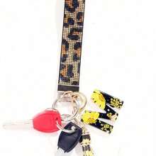 1pc Gold & Diamond Decorated Bling Glitter Wristband With Open Circle Keychain, Suitable For Clutch And Keychain Leopard Print - A - 查看 2