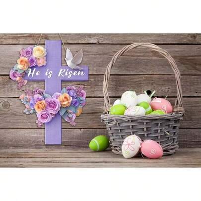 2D Flat Easter Door Sign "He Has Risen" | Purple Wooden Cross Sign, Door Hanger, Farmhouse Style, Spring Home Decor, No Electricity Required