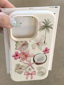 1pc White Pebbled Matte Lens Protection Simple Beach Coconut Tree Bow Ocean Elements Starfish Shell Flower Pattern Phone Case, Personalized Compatible With Iphone 16 Pro Max, 17/16/15/14 Plus/13/12/11, Air, Series - Multicolor - View 1