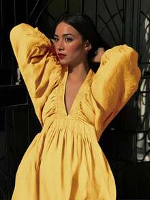 Đầm ngắn dáng ôm, thanh lịch, gợi cảm, cổ chữ V sâu, tay phồng, thích hợp cho kỳ nghỉ xuân/hè, phong cách boho, nhiệt đới và nắng ấm. - Màu vàng - Xem 7