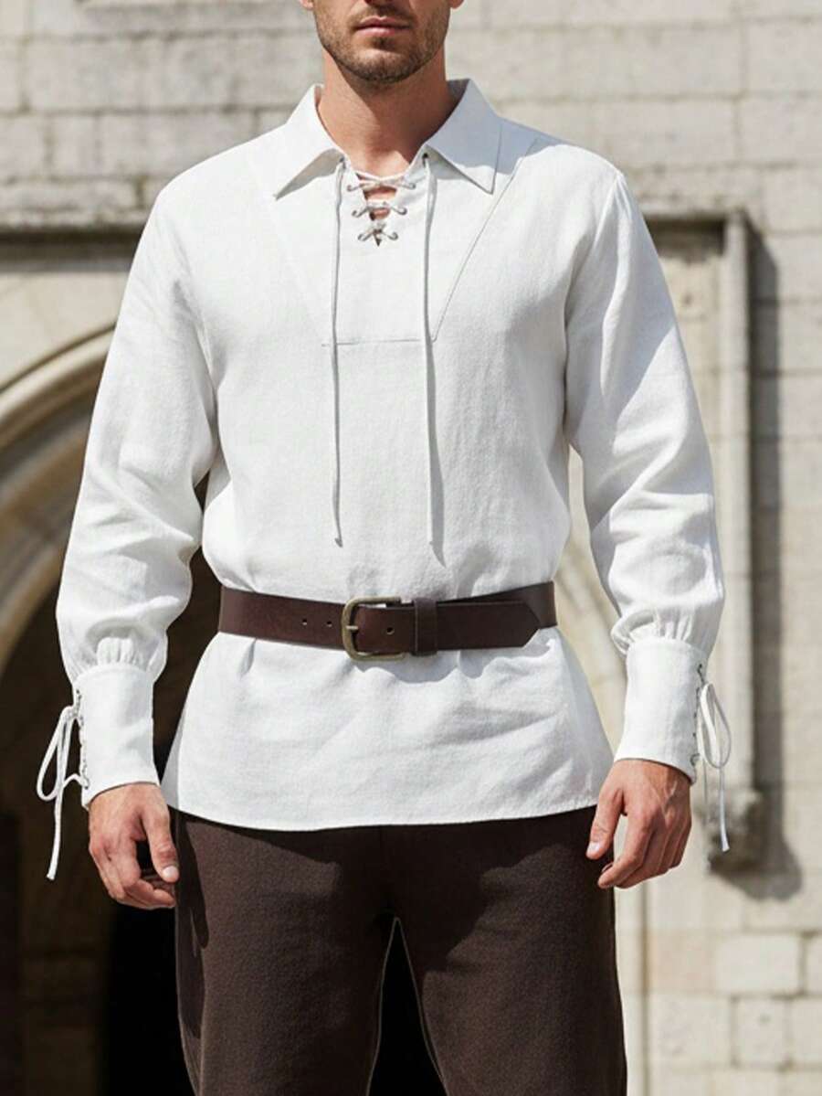 Áo sơ mi dài tay có dây rút dành cho nam, trang phục lễ hội Viking thời Trung cổ. - trắng - Xem 1