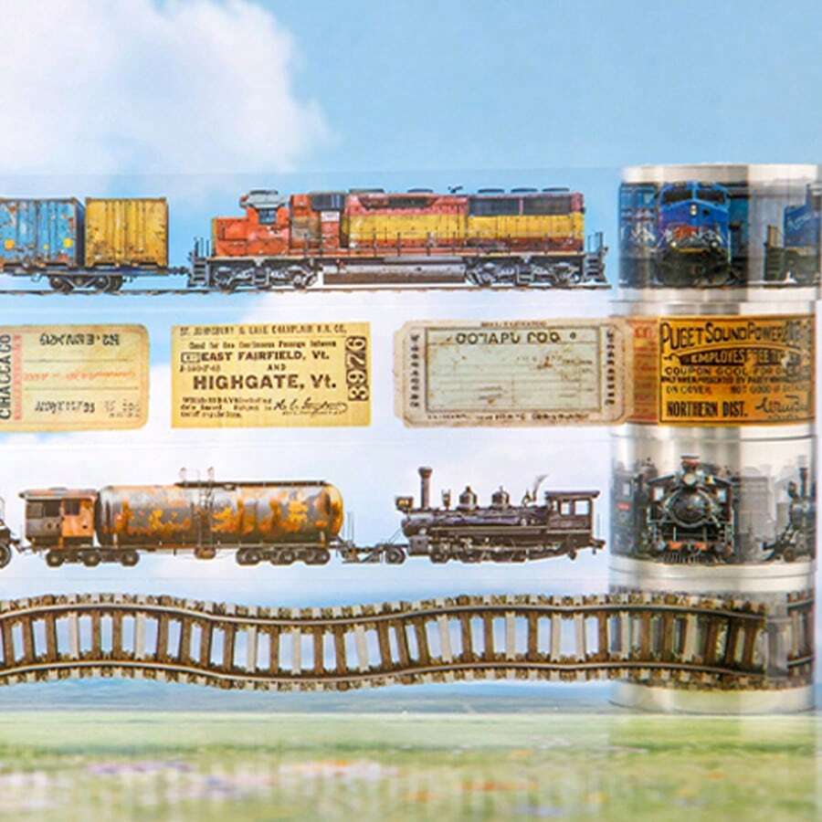 1 rollo de cinta con escenario de tren de la serie de viajes en tren, autoadhesiva, vintage, ideal para manualidades DIY, planificadores, invitaciones, adornos de scrapbook, suministros de artesanía, acentos decorativos, patrones intrincados - cinta adhesiva - Ver 1
