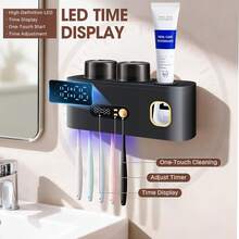 Smart Toothbrush Sterilizer (1 Unit) - USB Charging + Clock - 5-Slot Storage Brush Holder - Includes 2 Cups + Automatic Toothpaste Dispenser - Modern Bathroom Plastic Storage Rack For Dental Hygiene Essentials - Xám - Xem 3