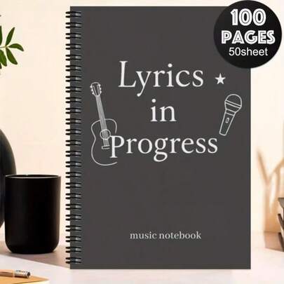 A Whimsical Creative Spiral Notebook, Music Themed, Featuring Guitar And Microphone Designs. It Contains Lined Pages, Ideal For Composers And Producers, Making It A Perfect Gift For Music Enthusiasts.