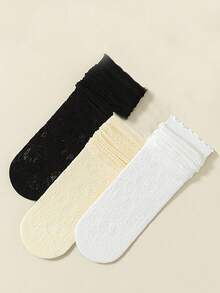1/3 Pairs Women's Lace Trim Thin Summer Socks, White Breathable Mesh Hollow Out Crew Socks - Multicolor - View 12
