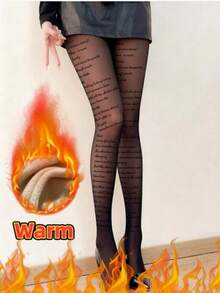 Leggings térmicos impresos de mujer para otoño/invierno, leggings cálidos con texto y gráficos, calcetines cómodos con cita literaria, leggings resistentes al frío con lema - Multicolor - Ver 2