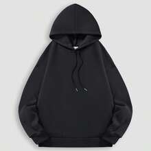 Moletom com capuz forrado em lã para homens/mulheres/casais, moletom minimalista oversized de cor sólida, moletom macio, confortável, quente, com cores firmes e resistente a bolinhas, blusa esportiva casual de camada dupla. - Preto - Ver 11