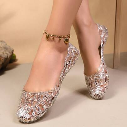 Dép xăng đan mùa hè cho nữ, kiểu dáng khoét rỗng, thoáng khí, chống thấm nước, đế bằng bằng nhựa dẻo trong suốt, chống trơn trượt, phù hợp cho các bà mẹ.