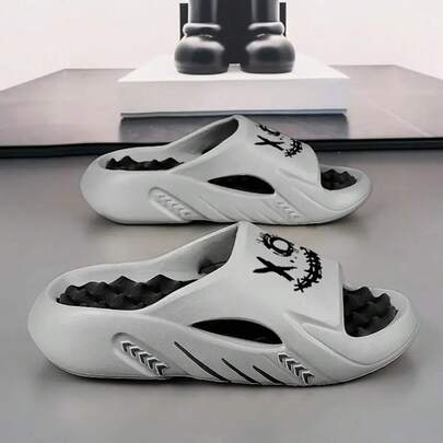  Men's Fashion Cartoon Print Lightweight Indoor Shower Slippers, And Versatile, Suitable For Couples' Daily Casual, Sports, Beach Vacation, Lightweight Indoor Outdoor Multi-Scene Shoes, EVA Structure