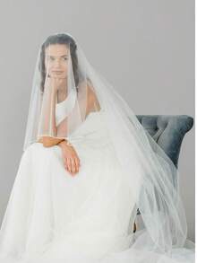 1件装双层柔软薄纱新娘头纱，白色和象牙色长款带腮红头纱 - 彩色 - 查看 4