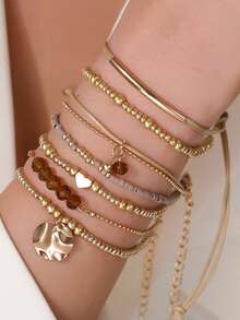 一套波西米亚风串珠7件套手链，女士米珠手链，多层心形吊坠手链 - 彩色 - 查看 6