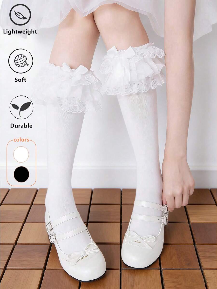 1 Pc Lolita Multi-Layer Lace French Style Knee High Socks, White/Black Bowknot Slouch Socks, Ballet Style Japanese JK Calf Socks - Multicolor - View 1