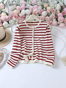 Elegant Striped Crew Neck Knit Cardigan, Versatile Fashion Casual Sweater, Retro Commuter Jacket For Women, Autumn - Red - View 2