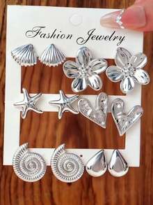 欧美奢华海星贝壳亚克力耳环，漩涡设计，优雅女士耳环 - 銀色 - 查看 2