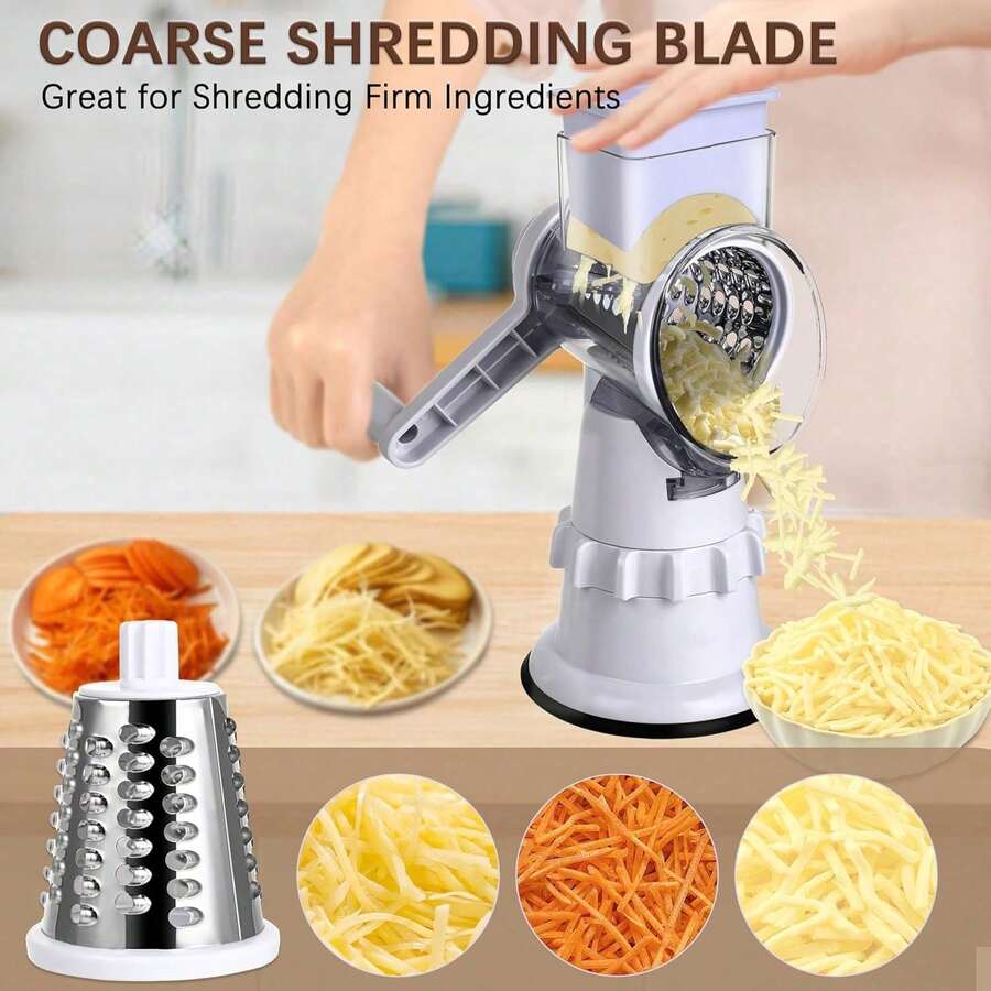 Rotary Cheese Grater Hand Crank - Mandoline Vegetable Slicer With 3 Stainless Steel Blades, Cheese Shredder For Fruit Vegetables Nuts - White