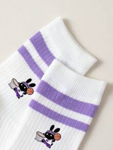 1 Pair Children's Solid Color Parallel Bar Socks, Purple, Student Socks With Rabbit & Basketball Graphic, Minimalist Casual Suitable For Holidays - Multicolor - View 3