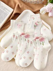 5双装儿童春夏蝴蝶结、波点、3D立体花卉白色洛丽塔风格弹力中筒袜，适合返校季户外穿着 - 彩色 - 查看 6