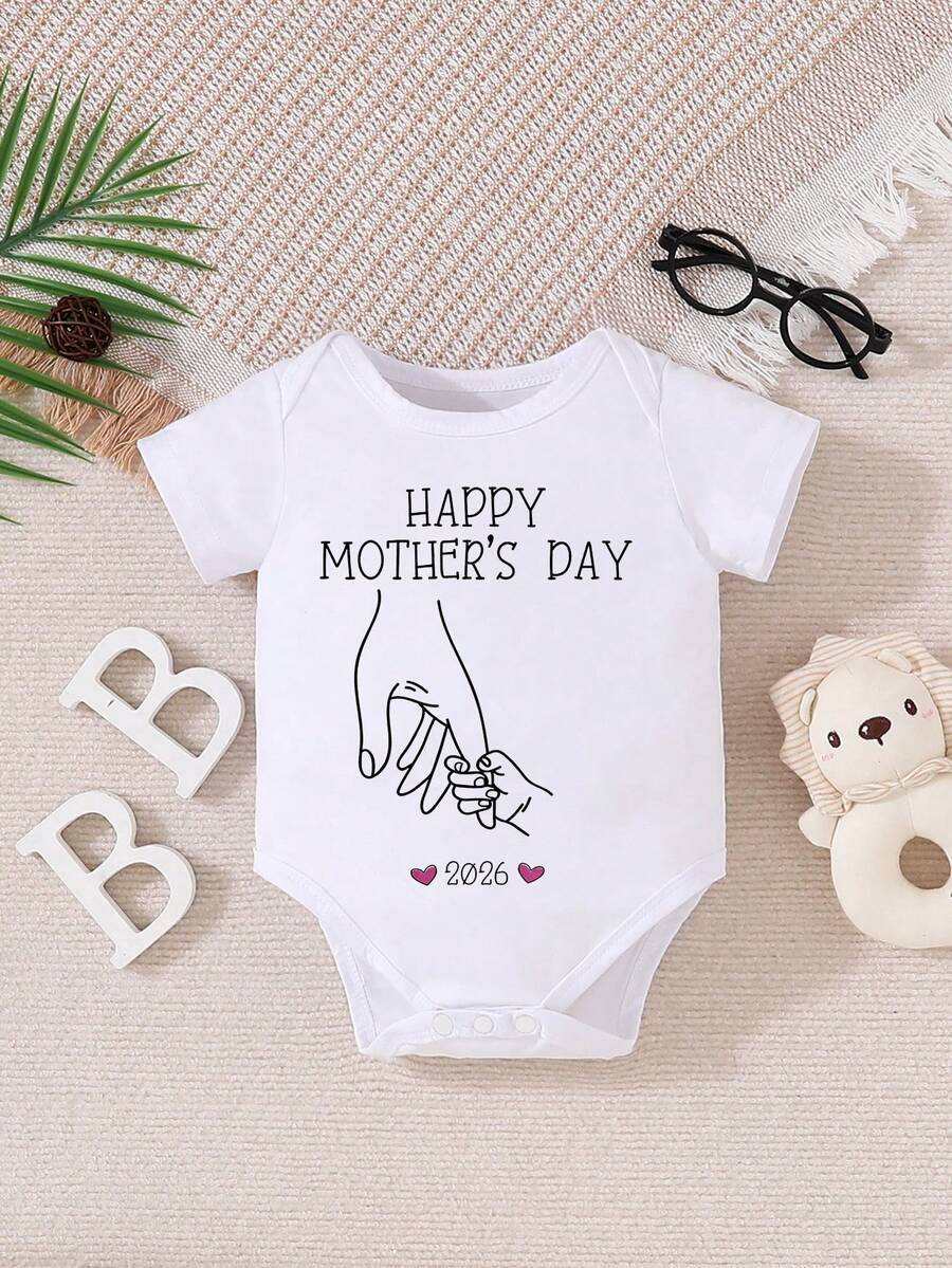 Áo liền thân in chữ cái dễ thương cá nhân hóa cho bé gái sơ sinh "Chúc mừng Ngày của Mẹ" - trắng - Xem 1