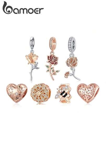 bamoer 1 mặt dây chuyền hoa hai màu bằng bạc Sterling 925, hạt mạ vàng hồng, phụ kiện tự làm vòng tay/dây chuyền cho nữ, quà tặng ngày Valentine.