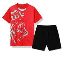 2pcs Set Jersey Sepak Bola Personalisasi - Kaos Lengan Pendek + Celana Pendek dengan Nama, Nomor & Logo Tim yang Dicetak Sesuai Pesanan, Hadiah, Cocok untuk Olahraga/Mendaki Gunung Musim Semi/Panas - Merah - View 2