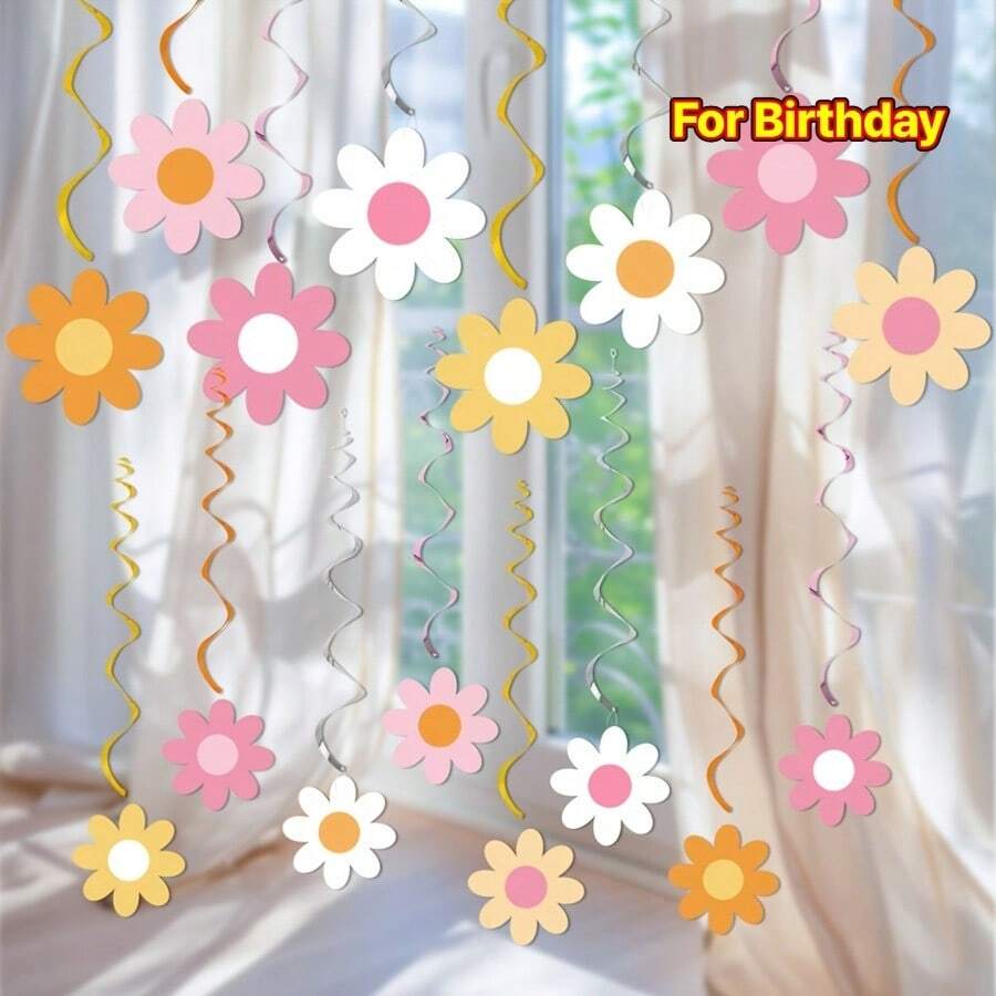 16 piezas Decoraciones colgantes giratorias con flores de margarita | Decoración con borlas de margarita coloridas adecuada para fiestas de cumpleaños con temática bohemia, hippie, vintage, decoración para aula, oficina, Día de la Madre - Material de plástico, sin necesidad de montaje - Multicolor - Ver 1