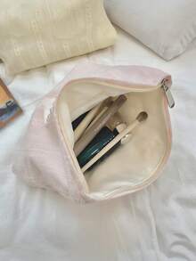 Bow Heart Embroidered Makeup Bag, Polyester Cosmetic Pouch With Zipper Closure, Large Capacity Travel Organizer, Beige And White (Pink) - Multicolor - View 5