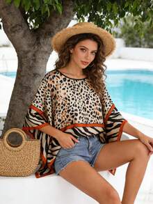 1件装女士豹纹斑马纹撞色滚边沙滩罩衫 - 彩色 - 查看 6
