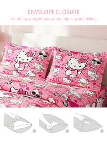 SANRIO 三件套被套组 - 1 个被套 + 2 个枕套（不含填充物），可爱卡通图案，全尺寸，柔软舒适，适合宿舍、家庭卧室、酒店，四季皆宜，带拉链封口和枕套，多色可选，超大床品套装 - 時尚玫紅KT - 查看 4