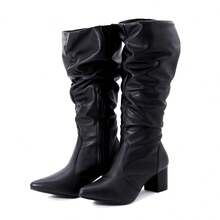 Women's Mid-Top Boots With Accordion Sole, Block Heel, And Pointed Toe. - Black - View 4