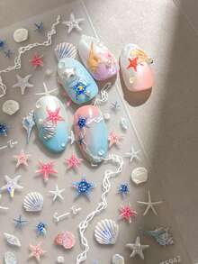 5D贝壳和海星美甲贴纸，1张海洋假日自粘DIY美甲贴纸 - 美甲用品，适合女孩和女士 - 秋冬、圣诞节、夏季美甲，适用于家庭美甲沙龙 - 彩色 - 查看 2