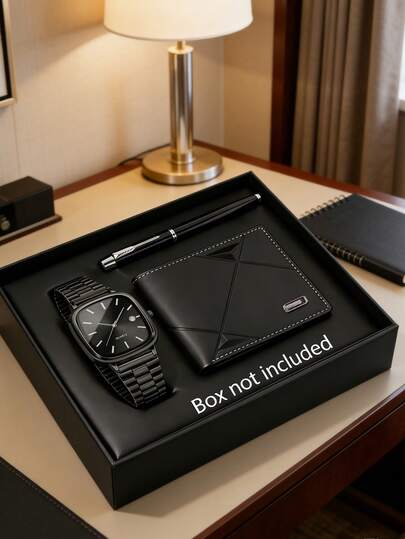 3 PIEZAS Juego de relojes de lujo para hombres de negocios, una combinación elegante para hombres, incluye un reloj de cuarzo minimalista con esfera negra cuadrada y correa de acero inoxidable negro, una billetera de cuero acolchado negro y un bolígrafo de metal. El diseño es elegante y refinado, que muestra un estilo tranquilo y sofisticado.