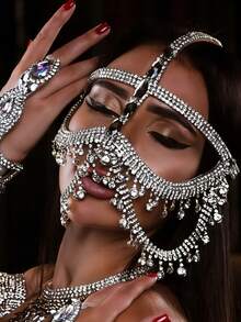 1件装时尚优雅女士水钻面罩，夜店水晶饰品面部配饰 - 銀色 - 查看 1