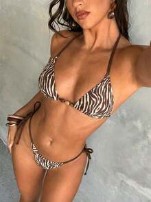 女士比基尼泳装，斑马纹撞色露背吊带性感系带上衣，侧边系带三角泳裤，可调节，适合户外沙滩派对、假日沙滩装、夏季度假等场合。 - 棕色 - 查看 5