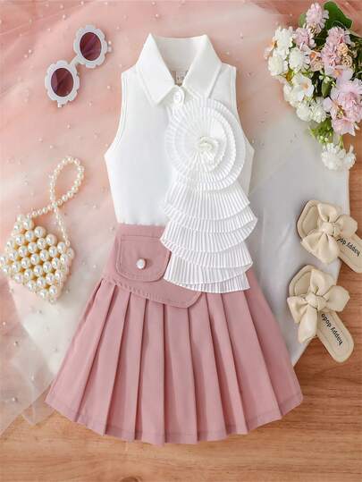 2件套女婴碎花无袖立领上衣和百褶口袋裙休闲套装，春夏款