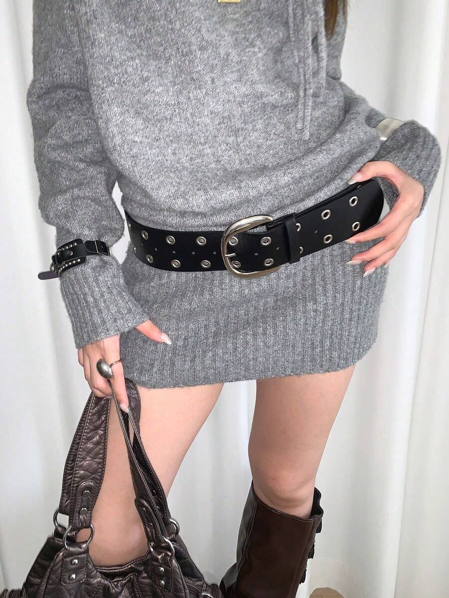 1pc Black PU Material D-Shaped Buckle Silver Rivet Retro Versatile Wide Belt - Black - View 1