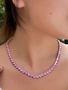 1件闪亮心形粉色立方氧化锆爱心网球链项链，订婚派对和婚礼装饰，女士款 - 粉色 - 查看 2