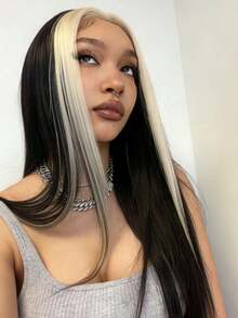 Highlight Black And White Long Straight Wig Human Hair With Baby Hair 13x4 HD Transparent Bone Straight Lace Front Wigs Human Hair Pre Plucked Bleached Knots 250 Density Lace Closure Wigs Human Hair Brazilian Virgin Ombre Colored Glueless Wigs For Women - 黑白高光 - 查看 6