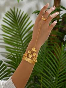 1pc Vintage Personalized Versatile Hollow Carved Multi-Layer Connected Finger Coin Back Hand Bracelet For Women - K - View 5