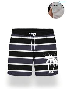 男士夏季条纹印花抽绳腰斜插口袋夏威夷风速干双层网眼内衬短裤，对比色椰树3D艺术印花，时尚休闲沙滩度假泳裤 - 彩色 - 查看 3