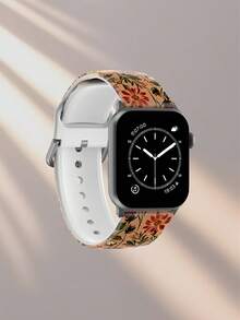 橙粉色底红色花卉图案单条柔软弹力透气舒适腕带，适用于三星、荣耀智能手表，尺寸可选38mm、40mm、41mm、42mm、46mm、45mm、44mm、49mm；时尚休闲多色硅胶表带，适用于苹果手表Ultra SE/11/10/9/8/7/6/5/4/3/2/1 - 彩色 - 查看 3