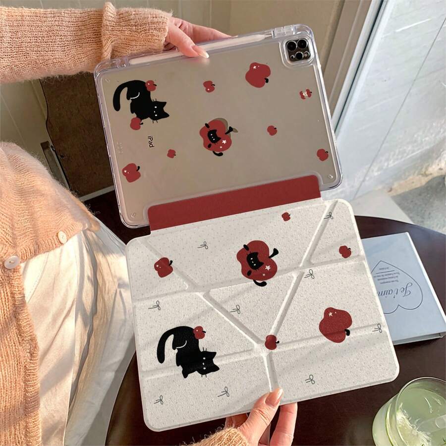 Minimalist Polka Dot Bow Apple Black Cat Cute Tablet Protective Case Suitable Compatible With Apple 11th Generation Tablet Protective Case Pro 2025 New Cute 10th Generation Fashion Air 7/6 With Pen Slot Anti-Bend 11 Inch Tablet Protective Cover For Girls - White - View 1