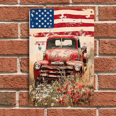 1pc Vintage American Red Truck Metal Wall Art, American Flag Background Nostalgic Car Decor Painting, Living Room Bar Wall Hanging, Iron Craft Home Decor, 2D Flat