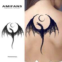 AMIFANS 临时纹身贴纸，龙月图案，半永久纹身，可持续1-2周，持久纹身，果汁纹身，逼真纹身，浪漫纹身，仿真纹身，防水，外观逼真，小众设计纹身，水果纹身，植物纹身 - 黑色 - 查看 1