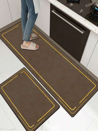 Alfombra de goma suave de 3.5 mm de grosor, de color marrón con estilo de línea dorada, alfombra absorbente para la cocina que se puede recortar para adaptarse al tamaño de la cocina. Material de superficie de tela, capa intermedia de espuma, capa inferior de goma. Adecuado para alfombras de cocina, decoración de cocina, decoración de bodas, decoración del hogar, alfombra de baño, alfombra de entrada, alfombra de lavandería, alfombra de pasillo, alfombra de sala de estar, etc.