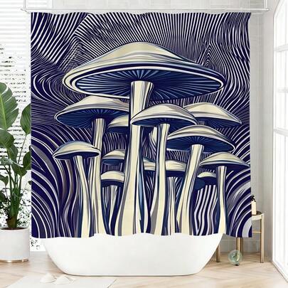 1pc Blue & Purple Mushroom Shower Curtain, Made Of Polyester, Waterproof, Non-Shading, Suitable For Home And Bathroom Decor, Comes With 12 Hooks