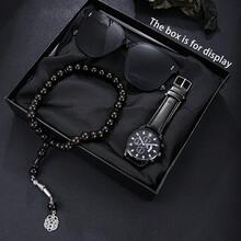 3-Piece Gift Set For Men: Black PU Strap Chronograph Watch + Sunglasses + Rosary Beads, Fashionable Casual And Business Suit, Perfect Birthday/Anniversary/Christmas Gift - Black - View 7