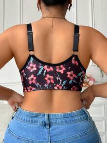 Plus Size Women Comfortable Fashion Floral Print Lace Patchwork Knit Bra - Black - View 2