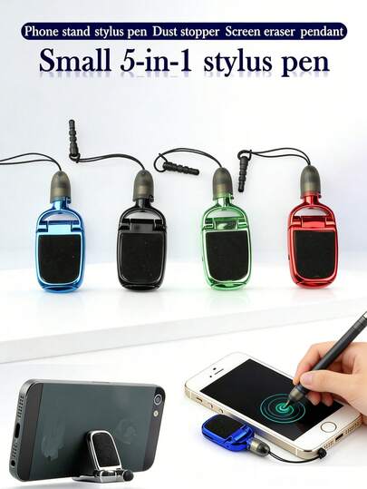 Diseño de colgante de lápiz capacitivo multifuncional 5 en 1, soporte portátil para teléfono, limpiador de pantalla, tapón antipolvo, apto para iPhone, teléfonos Android y tabletas