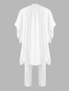 3 Pcs/Set White Agbada Attire For Men, Royal & Elegant Style, Embroidered Flowing Robe And Dashiki Shirt & Elastic Waist Pants, Men's Matching Sets, Traditional African Attire For Ceremonies, Wedding, Cultural Celebrations, Festivals, Elegant African Fashion For Men - 白色 - 查看 3
